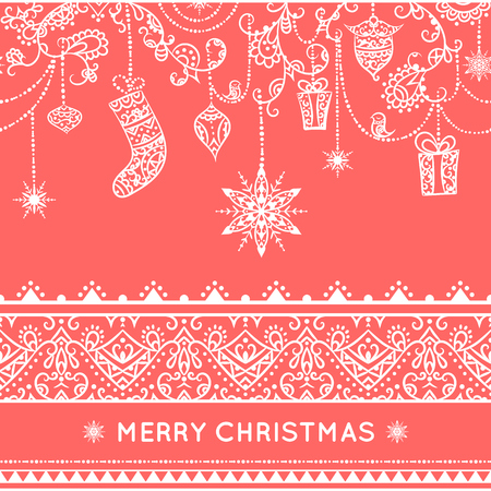 Seamless christmas pattern with hanging decoration. toys, gift, stocking, snowflake, bird and seamless lace border . Greeting card template. Vector illustration.のイラスト素材