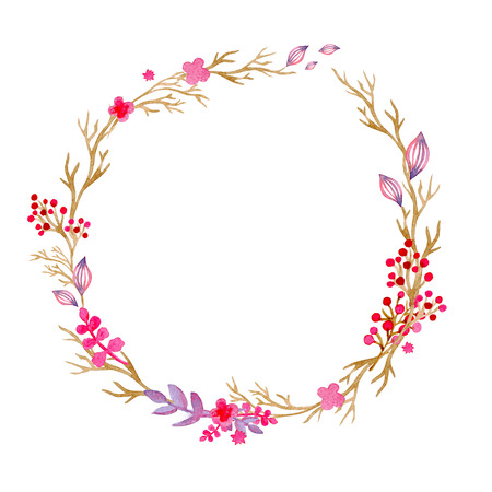 Hand drawn illustration - watercolor wreath. Christmas Wreath with flowers, berries. Perfect for invitations, greeting cards, quotes, blogs, Wedding frames, posters and more.の写真素材