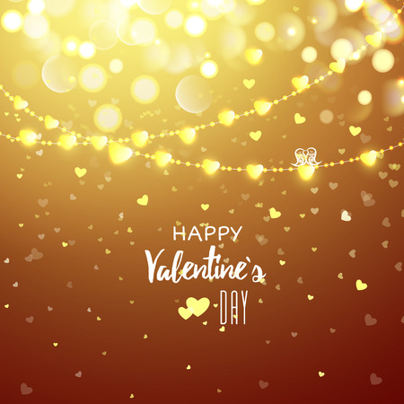 Happy Valentines day cad. Light heart garland. Decorative bokeh background with lot of little hearts. Vector illustration.のイラスト素材