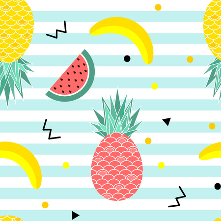 Colorful summer seamless pattern with fruits, banana, watermelon and geometric elements in memphis...