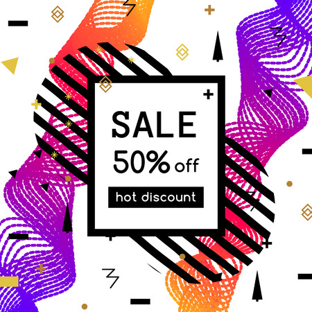 Vector sale poster, banner template - 50% off. Hot discount. Fluid colors, memphis backgroundsのイラスト素材