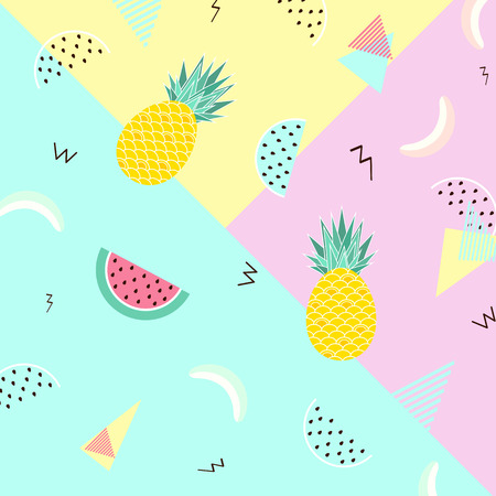 Summer background. Punchy pastel. Trendy texture. Season vocation, weekend, holiday logo. Summer vector . Fashionable styling. Watermelon and ice cream, pineapple and bananaのイラスト素材