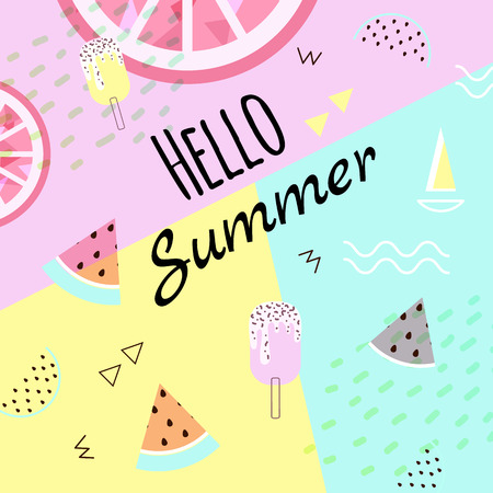 Summer banner with punchy pastel background, text and tropical fruits design.のイラスト素材
