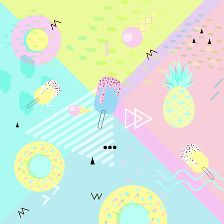 Summer banner with punchy pastel background and tropical fruits.のイラスト素材