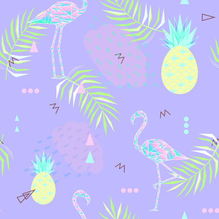 Seamless Sammer background. Punchy pastel. Trendy texture. Beautiful vector floral jungle summer background with pink flamingo, tropical fruits, palm leaf, vectorのイラスト素材