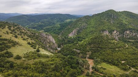 Aerial shot drone image on mountains with rocks and trees and Timok river around - Baranica near Knjazevac in eastern Serbia on Balkans - nature background no people in summer dayの写真素材