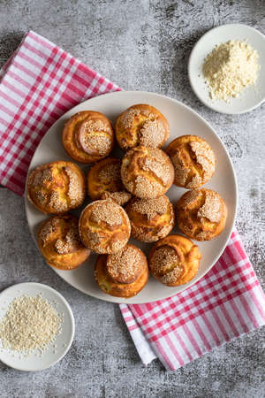 Top view on corn bread muffins in a plate for breakfast - Baked cornbread pone fresh organic...