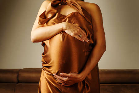 Close up on midsection of pregnant woman hold her belly at home - New life pregnancy maternity preparation and expectation concept - front viewの写真素材