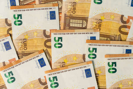 Close up on euro money banknotes business finance and currency concept top viewの写真素材