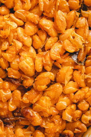 Baked beans organic homemade vegetarian and vegan dish traditional food on the table in ceramic bowl...