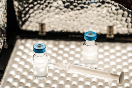 Close up on syringe with needle and vaccine injection on refrigerator illuminated - covid-19...