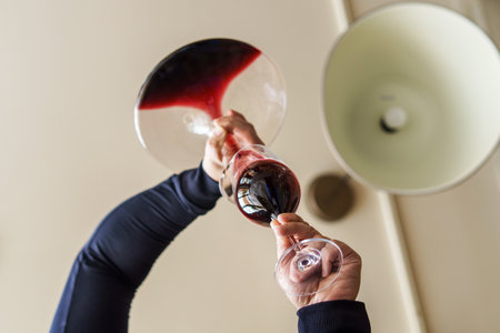 Close up on hands of unknown caucasian man pouring red wine from bottle in the decanter at home in day - low angle view copy spaceの写真素材