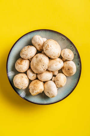 Top view on plate with white common champignon mushrooms on yellow backgroundの写真素材