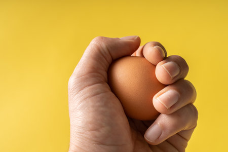 Top view fresh organic egg in hand holding above yellow backgroundの写真素材