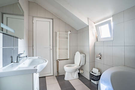 Bathroom bright toilet at home or hotel in day with sink and toilet sit