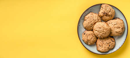 Close up top view on crunchy oatmeal chip cookies fresh baked biscuits with chocolate and cocoa in a plate on the yellow modern abstract background - homemade food concept copy spaceの写真素材