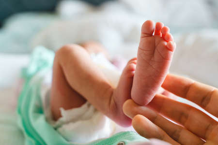 Close up on hands of unknown woman holding feet of her newborn baby son or daughter infant child in...