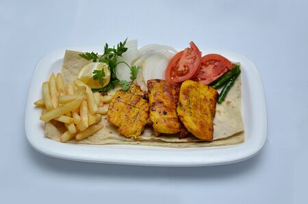 professional photography of chicken breast grilled fry with vegetable salad