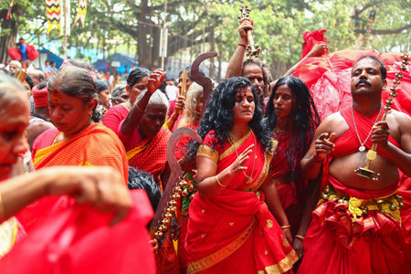 Kerala, India - 23 may 2017: A frenzied mob of devotees led by oracles walk around the temple, Kodungallur bharani festival Kerala Indiaのeditorial素材