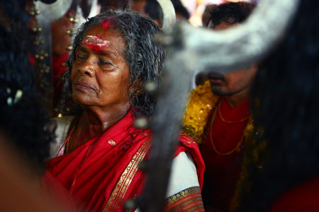 Kerala, India - 23 may 2017: A frenzied mob of devotees led by oracles walk around the temple, Kodungallur bharani festival Kerala Indiaのeditorial素材