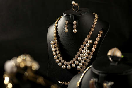 beautiful pearl necklaces photography  black background