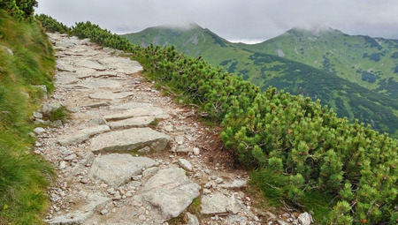 Rocky trail high in the mountains. Mountain peaks are hidden by clouds. Kasprowy Wierch, Tatra Mountains, Poland.の写真素材
