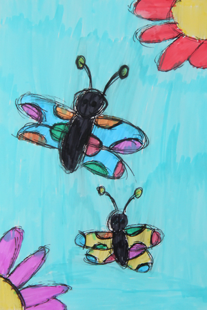 Butterflies and flowers. Funny child's drawing with bright markers.の写真素材