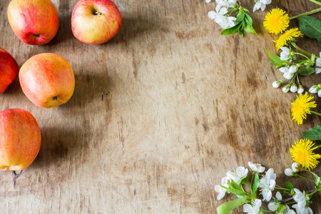 Wooden old scratched the surface of apples and flowers on a red checkered picnic napkinの写真素材