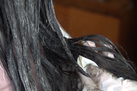 Brunette girl doing hair coloring with a special brush for paintingの写真素材