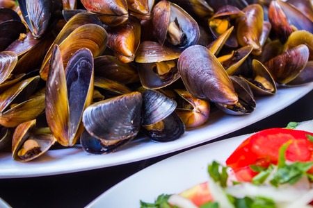Delicious mussels fresh tomato salad sauce sliced bread and cut lemon on a stylish black tableの写真素材