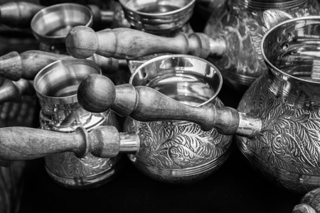 Lots of vintage Turkish coffee at a flea marketの写真素材