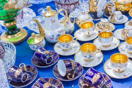 Blue Vintage tea set at a flea marketの写真素材
