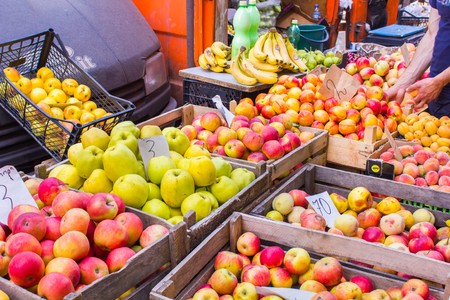 many different fruits on a market stall in Georgiaの写真素材