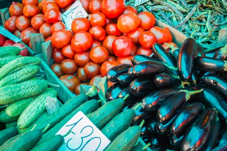 many different fruits on a market stall in Georgiaの写真素材