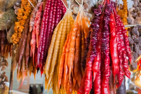 Various colorful spices on a market stall in Georgiaの写真素材