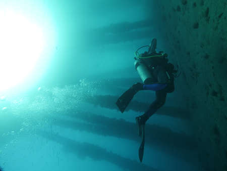A scuba diver diving underwater near an underside pier with sunlight in the water.
