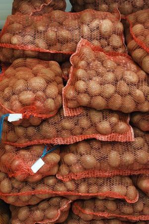 Net sacks with potatoes in the food storeの写真素材