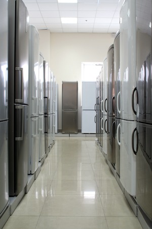 Rows of modern fridges in a storeの写真素材