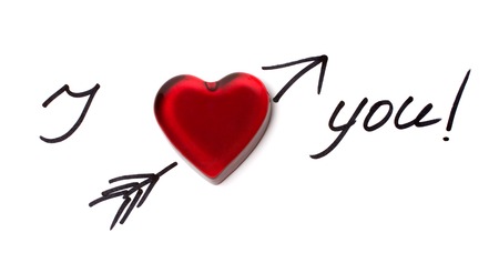 Declaration of love - text and glassy heart isolatedの写真素材