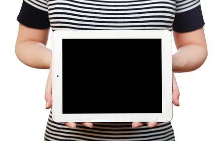 Woman's hands holding white tablet PC with black screen