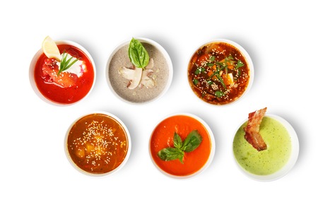 Variety of soups, restaurant hot dishes, healthy food. Japanese miso soup, asian fish soup, russian...