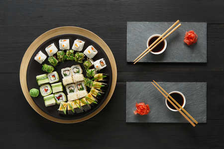 Japanese food restaurant, sushi maki gunkan roll plate or platter set.の写真素材
