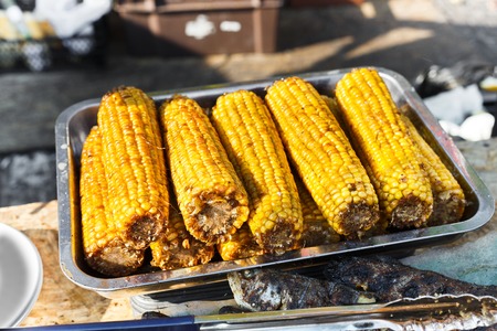 Vegan bbq party. Barbecue corns outdoors. Cookout bbq vegetable food. Fresh organic, healthy vegetarian grilled snack, corncobs cooked on grill. Street food, fast food. Tasty natural food.の写真素材