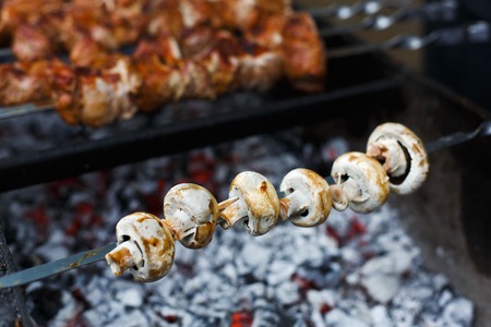 Mushroom barbecue at metal skewer. Diet vegan bbq in front of unfocused grilled meat. Fungi kebab at picnic outdoorsの写真素材