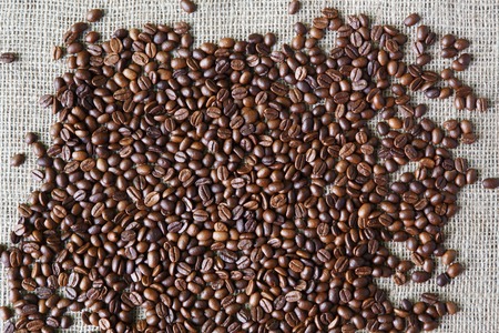 Burlap texture with coffee beans. Sack cloth background. Brown natural sackcloth canvas with scattered seeds. Arabica crop at hessian textileの写真素材