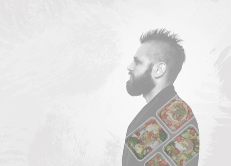 Healthy food and hipster man profile background with copy space. Take away of natural food in foil...