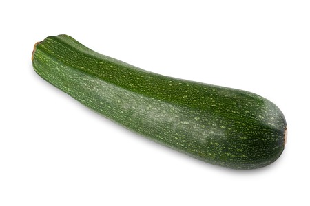 One ripe zucchini isolated on white background. Closeup image of ideal vegetable, healthy natural organic foodの写真素材