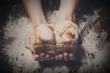 Warm fresh bread. Baking and cooking concept background. Hands of baker carefully hold loaf on rustic wooden table, sprinkled with flour. Stained dirty hands of cook. Soft toningの写真素材