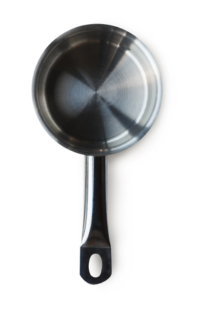 Non-stick sauce pan top view on white background. Metal cooking utencil, dishware for professional kitchenの写真素材