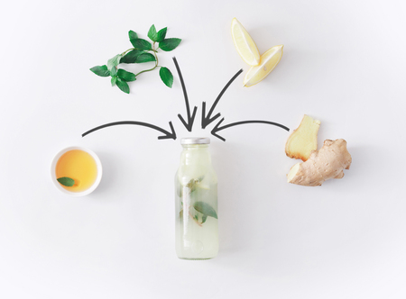 Detox lemonade drink concept, smoothie ingredients collage. Natural, organic healthy juice in bottle for weight loss diet or fasting day. Mint, honey, lemon and ginger mix isolated on white backgroundの写真素材